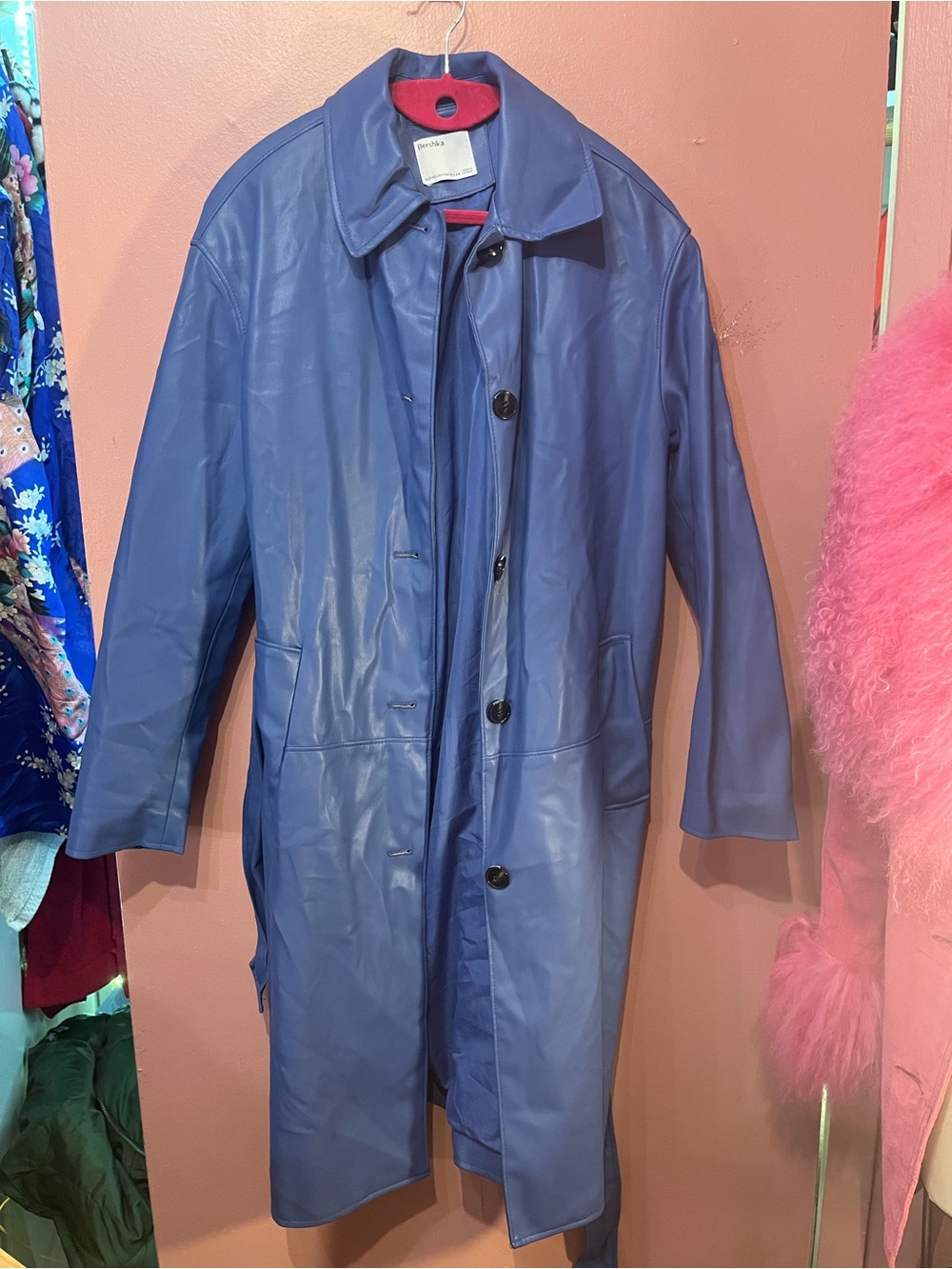 Bershka Electric Blue Faux Leather Trench Coat with Belt - Picture 3 of 6